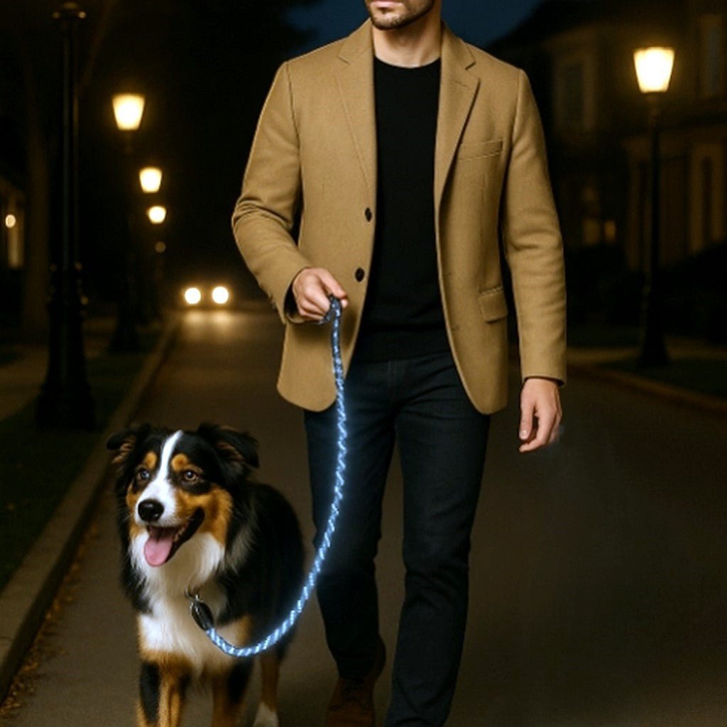 laisse pour chien caniconfort noir berger australien balade nuit avec maitre