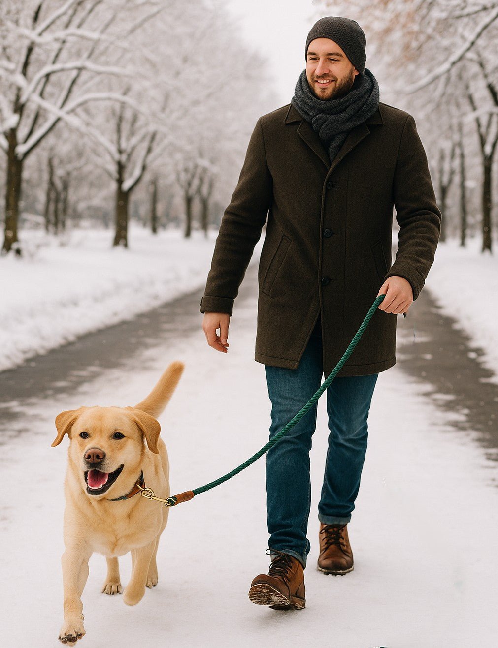 laisse pour chien canicorde labrador promenade hiver avec maitre