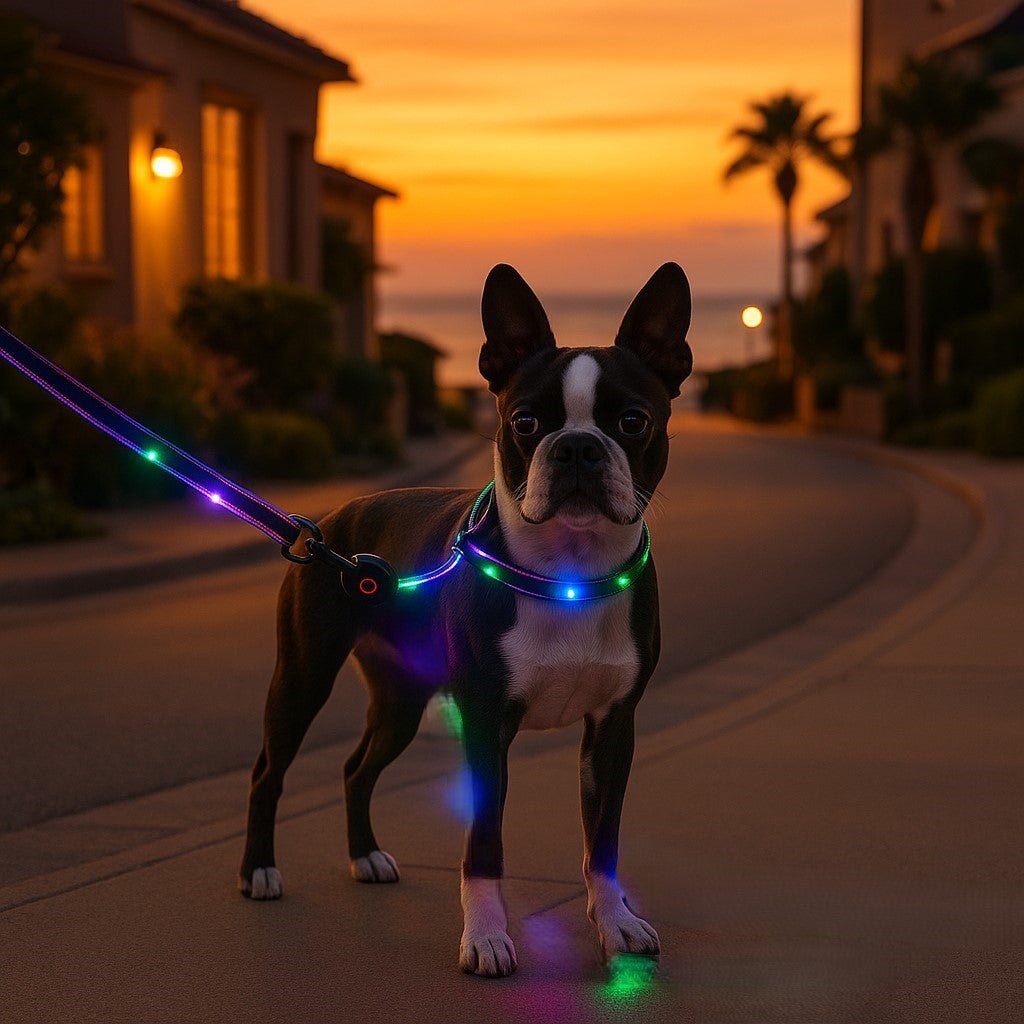 laisse pour chien caniled boston terrier promenade crepuscule