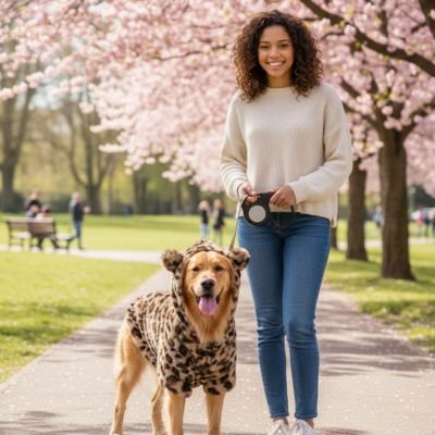 manteau chien mini leopet brun beige golden retriever balade parc fleuri avec maitresse