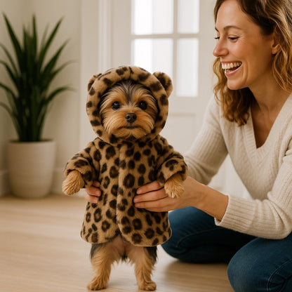 manteau chien mini leopet brun beige yorkshire sur pattes arrieres vestibule maitresse souriante