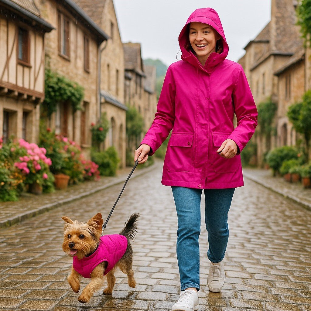 manteau chien pawfect look fuchsia yorkshire avec maitresse village ancestral