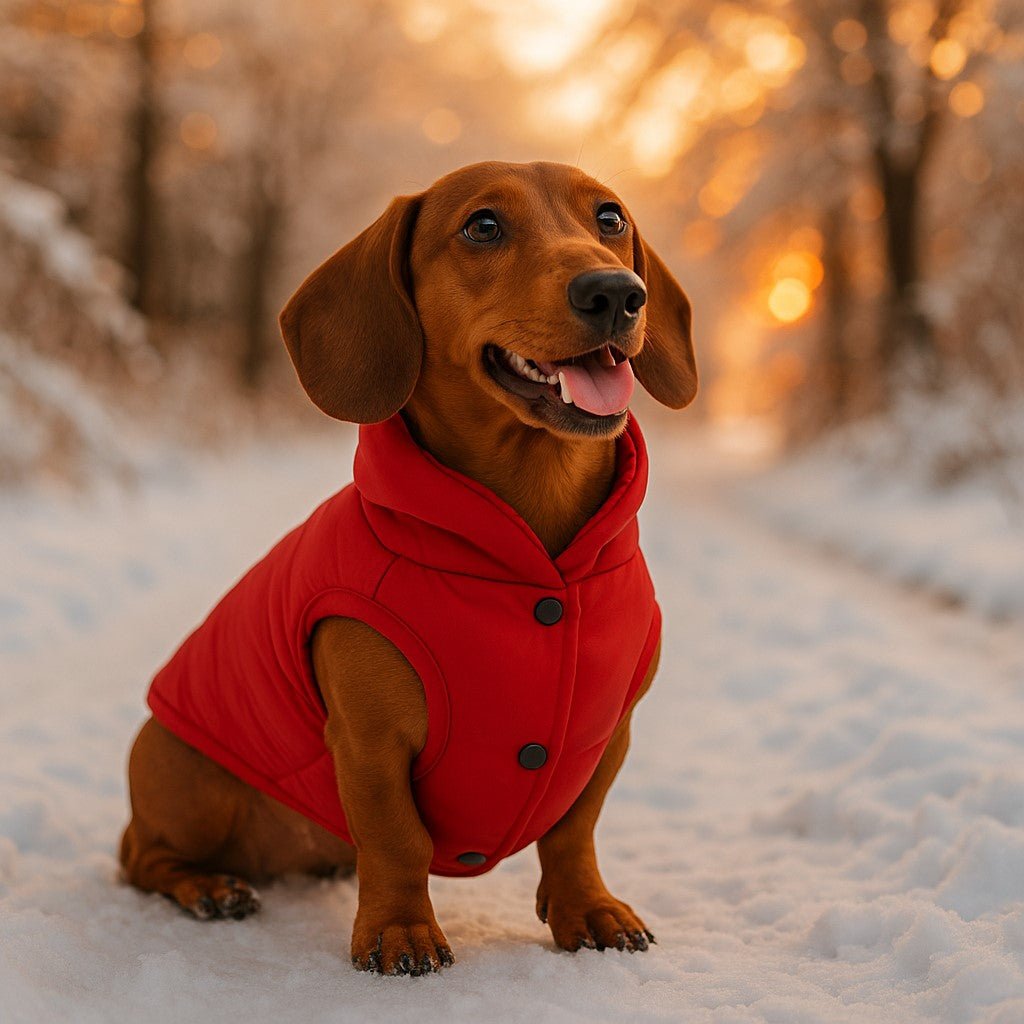 manteau chien pawfect look rouge teckel assis neige sentier crepuscule