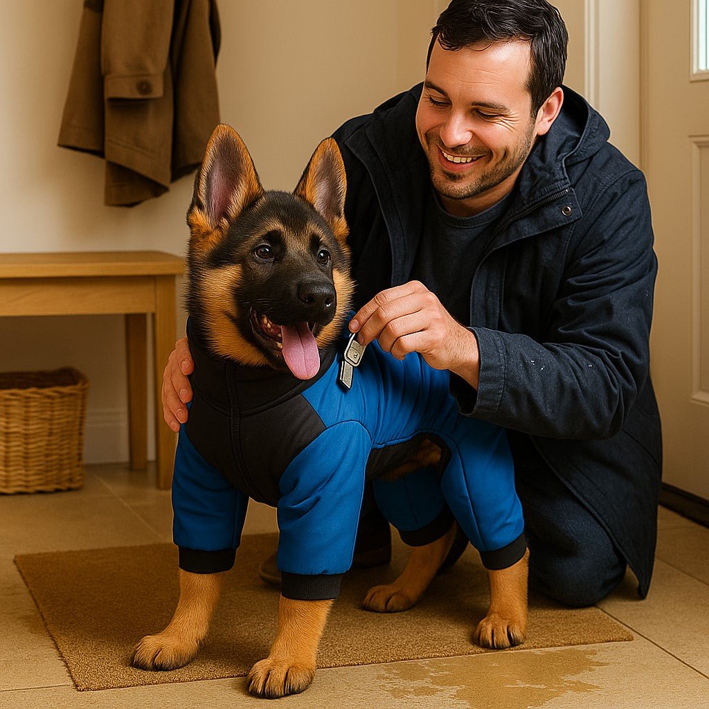manteau chien wintersuit bleu bud et alexandre rentrent de leur randonnee