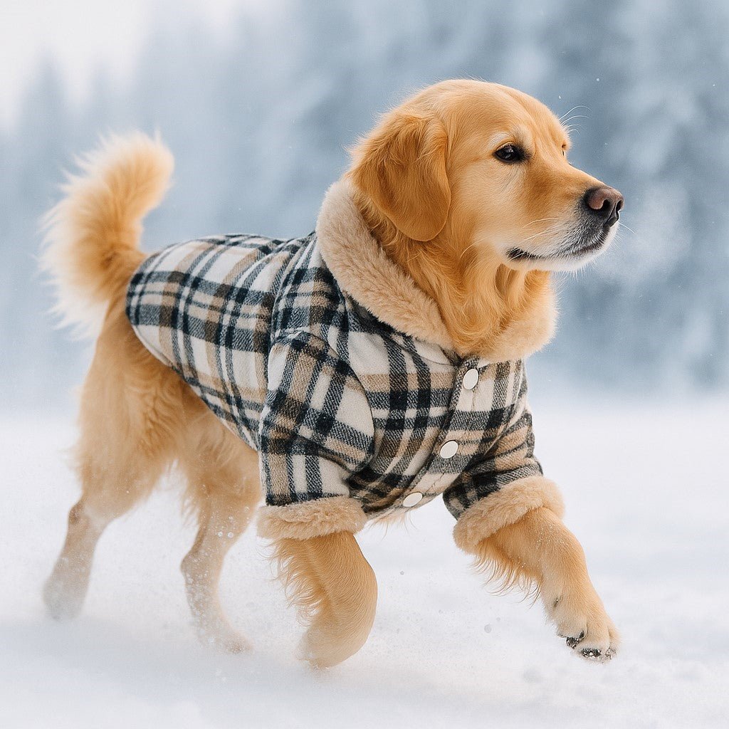 manteau pour chien canichic beige golden retriever paysage hivernal