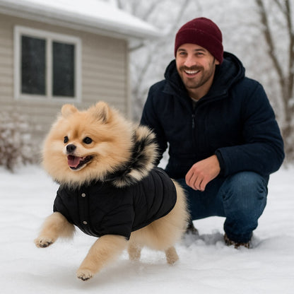 manteau pour chien diamondcoat noir spitz coure dans neige maitre tres heureux