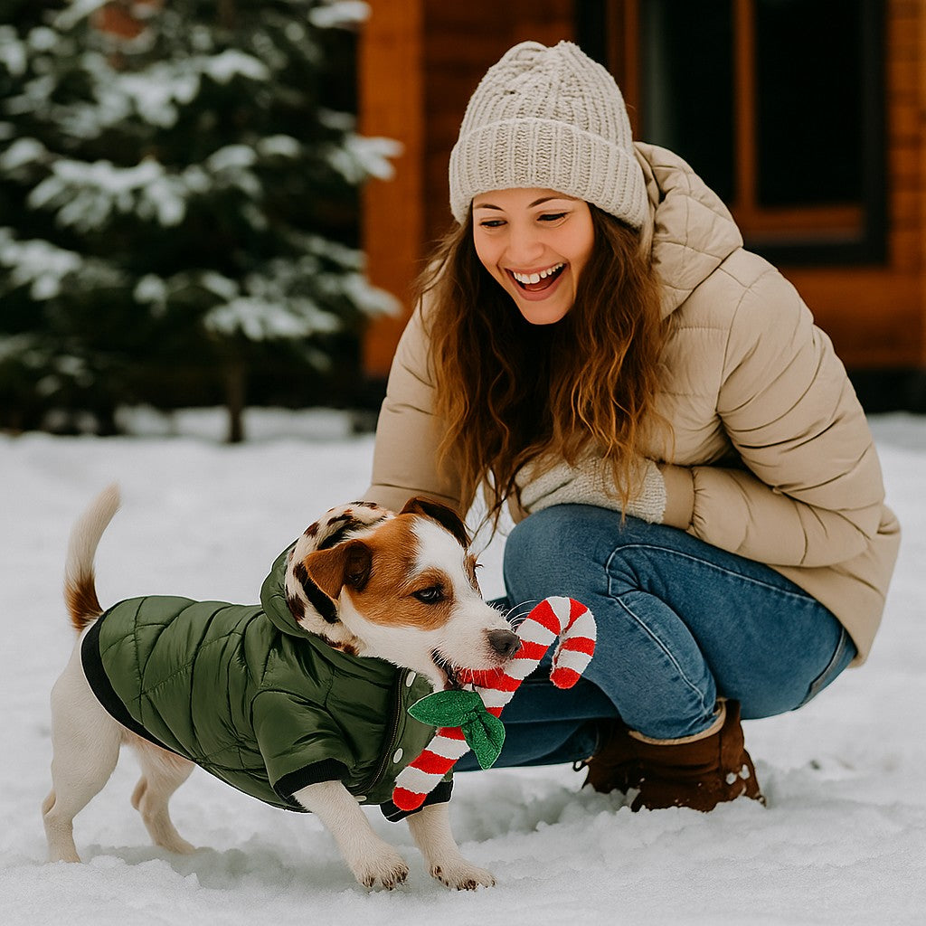 manteau pour chien diamondcoat vert militaire jack russell avec jouet dehors maitresse ravie