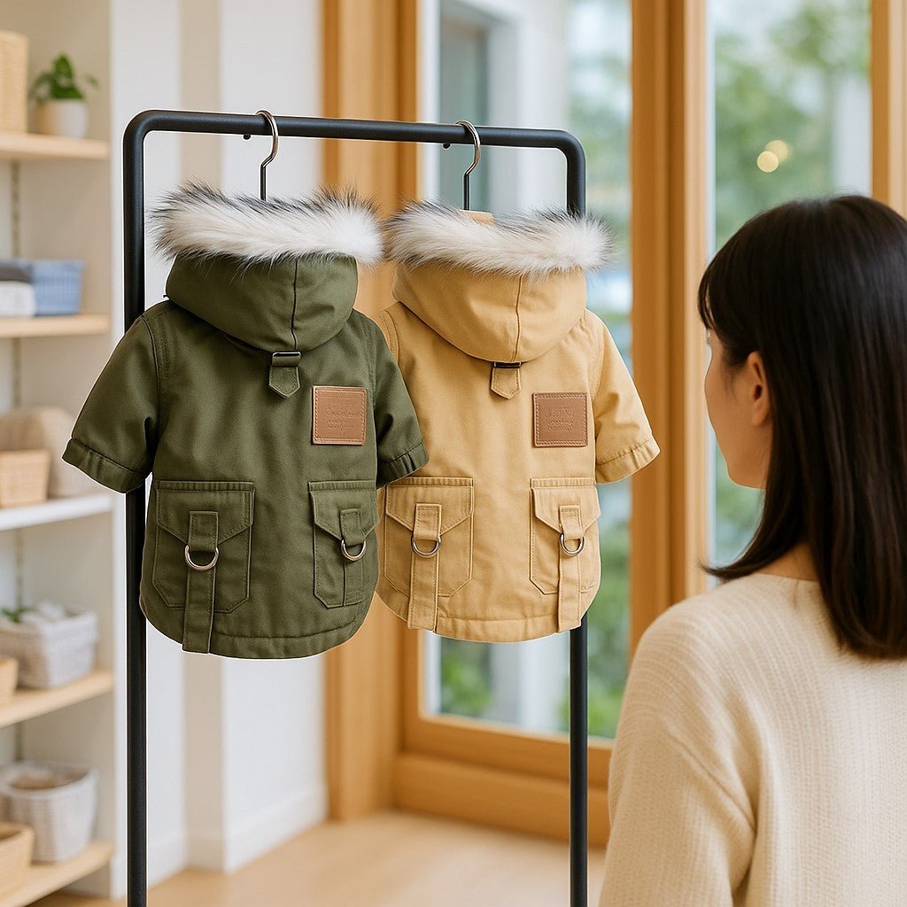 manteau pour chien urbanpup deux couleurs  suspendues presentoir cliente regarde