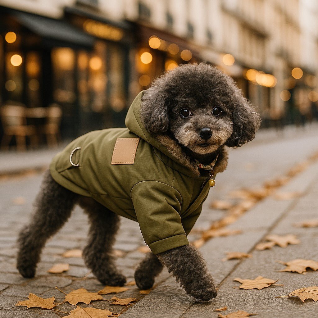 manteau pour chien urbanpup vert militaire caniche balade rue paris