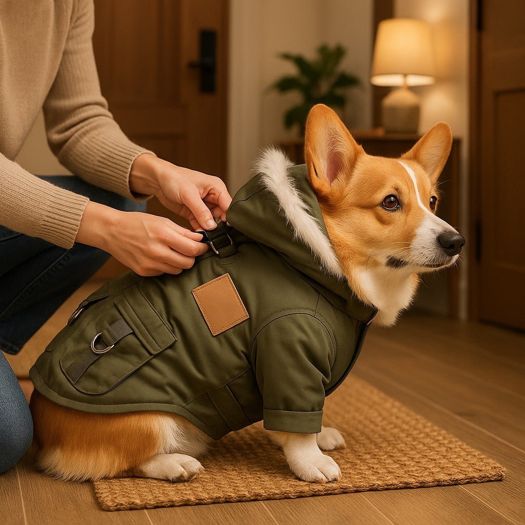 manteau pour chien urbanpup vert militaire corgi enfilage dans vestibule