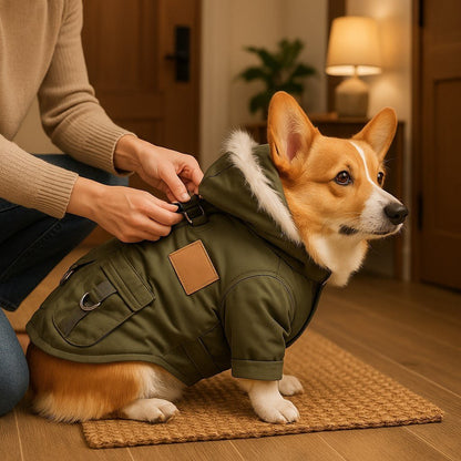 manteau pour chien urbanpup vert militaire corgi enfilage dans vestibule