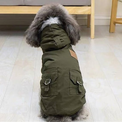 manteau pour chien vert militaire caniche assis de dos
