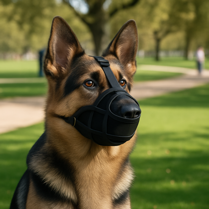 museliere bouledogue francais lufta noir berger allemand assis tranquille parc