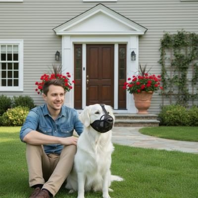 museliere bouledogue francais lufta noir chien blond abords maison maitre assis