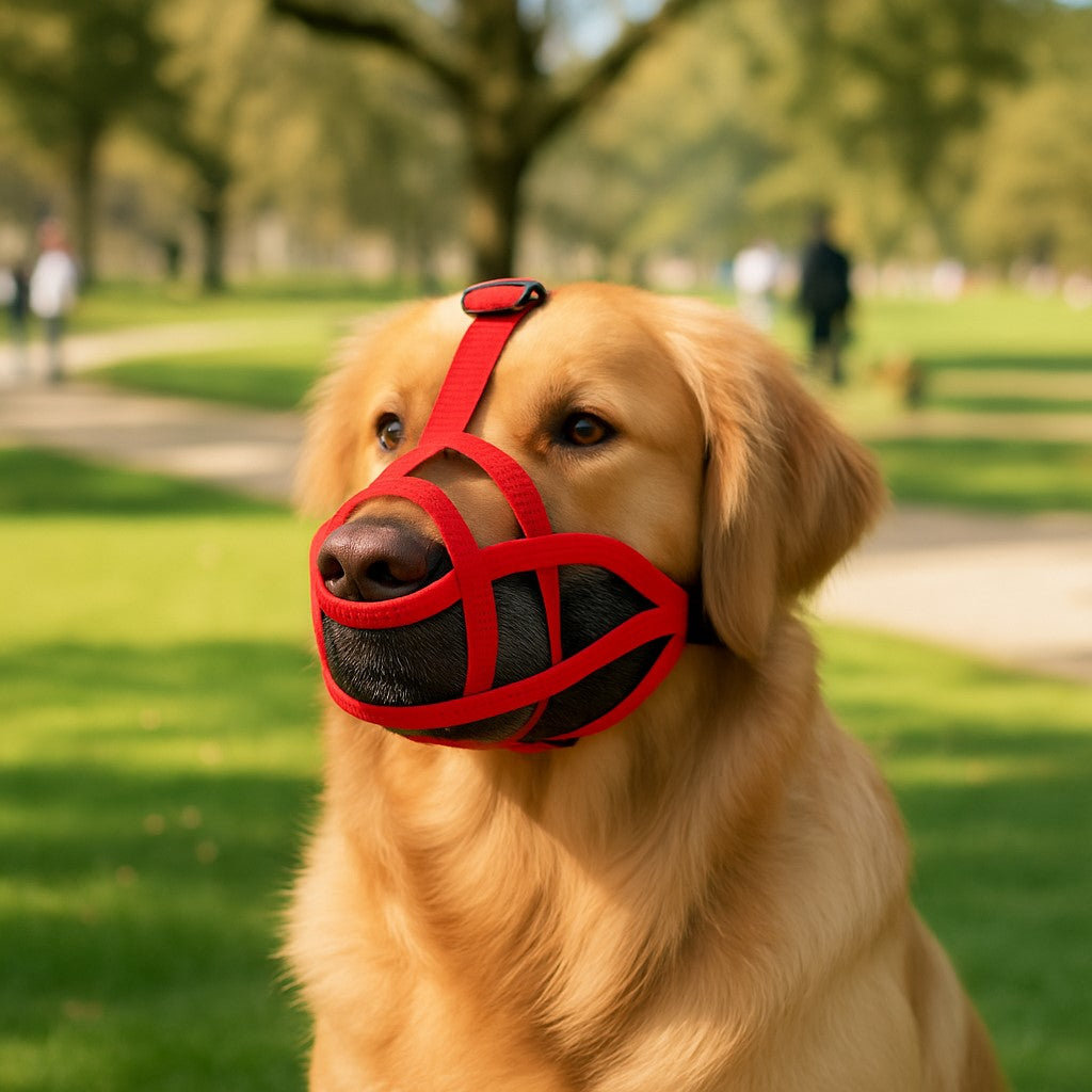 museliere bouledogue francais lufta rouge labrador assis tranquille parc