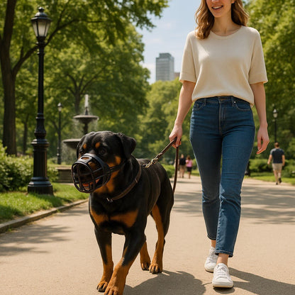 museliere chien calmeasydoggy rottweiler maitresse promenade parc