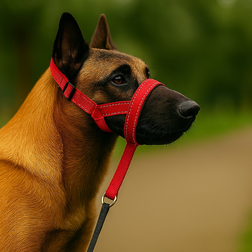 museliere chien fleximuse rouge malinois assis au parc