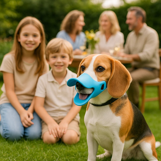 museliere chien peacebeak bleu beagle avec enfants reunion de famille