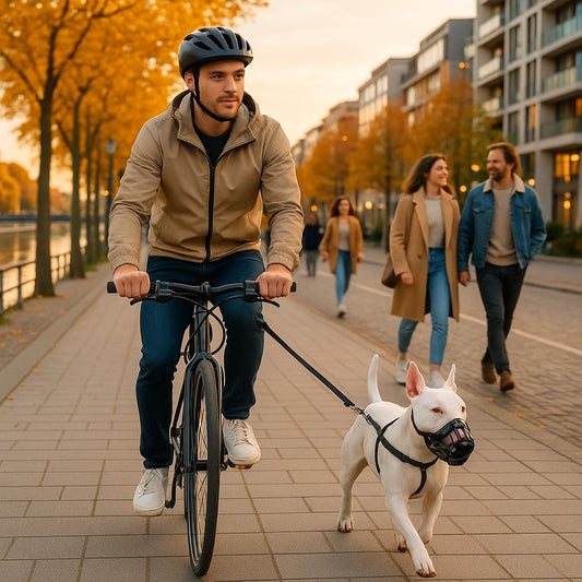 museliere pour chien baskair bull terrier promenage urbaine velo automne