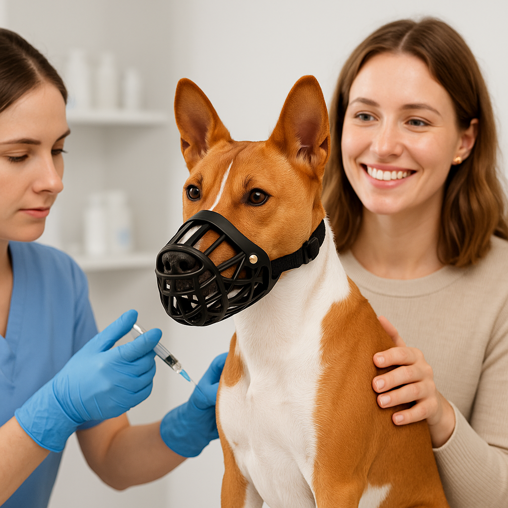 museliere pour chien baskair noir basenji vaccination chez veterinaire