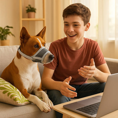 museliere pour chien museosoft grise basenji divan avec adolescent joyeux