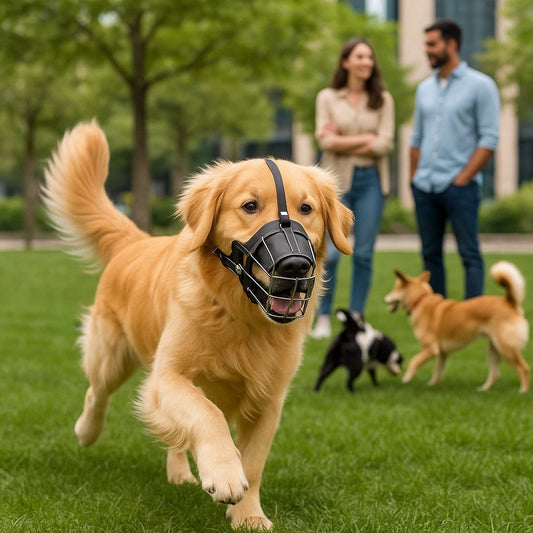 museliere pour chien zenoxis noir golden retriever au parc avec autre chiens