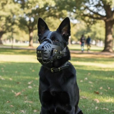 museliere wildleather berger allemand noir assis dehors observe au loin