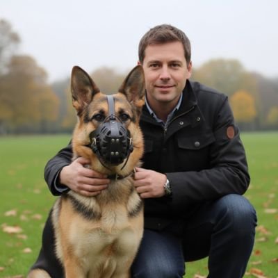 museliere wildleather noir berger allemand assis avec maitre accroupi