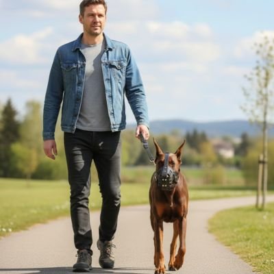 museliere wildleather noir doberman marche en laisse avec maitre sur trottoir
