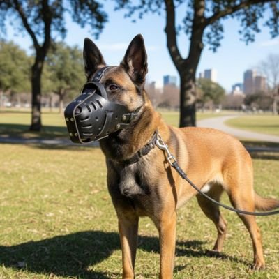 museliere wildleather noir malinois regarde au loin sur quatre pattes