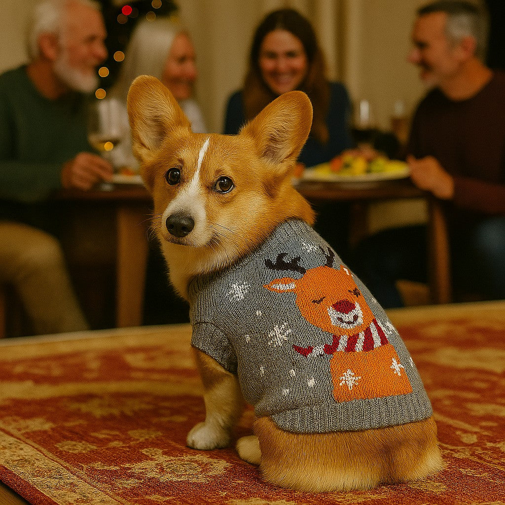 pull chien pawlidays gris renne flocons corgi assis devant famille heureuse