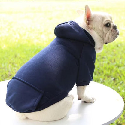 pull pour chien woof hoodie marine bouledogue assis profil droit