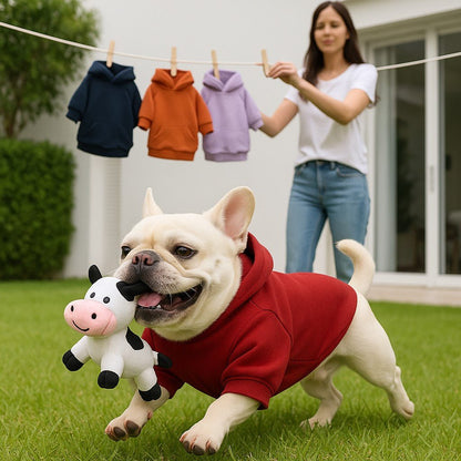 pull pour chien woof hoodie rouge bouledogue joue cour avec peluche