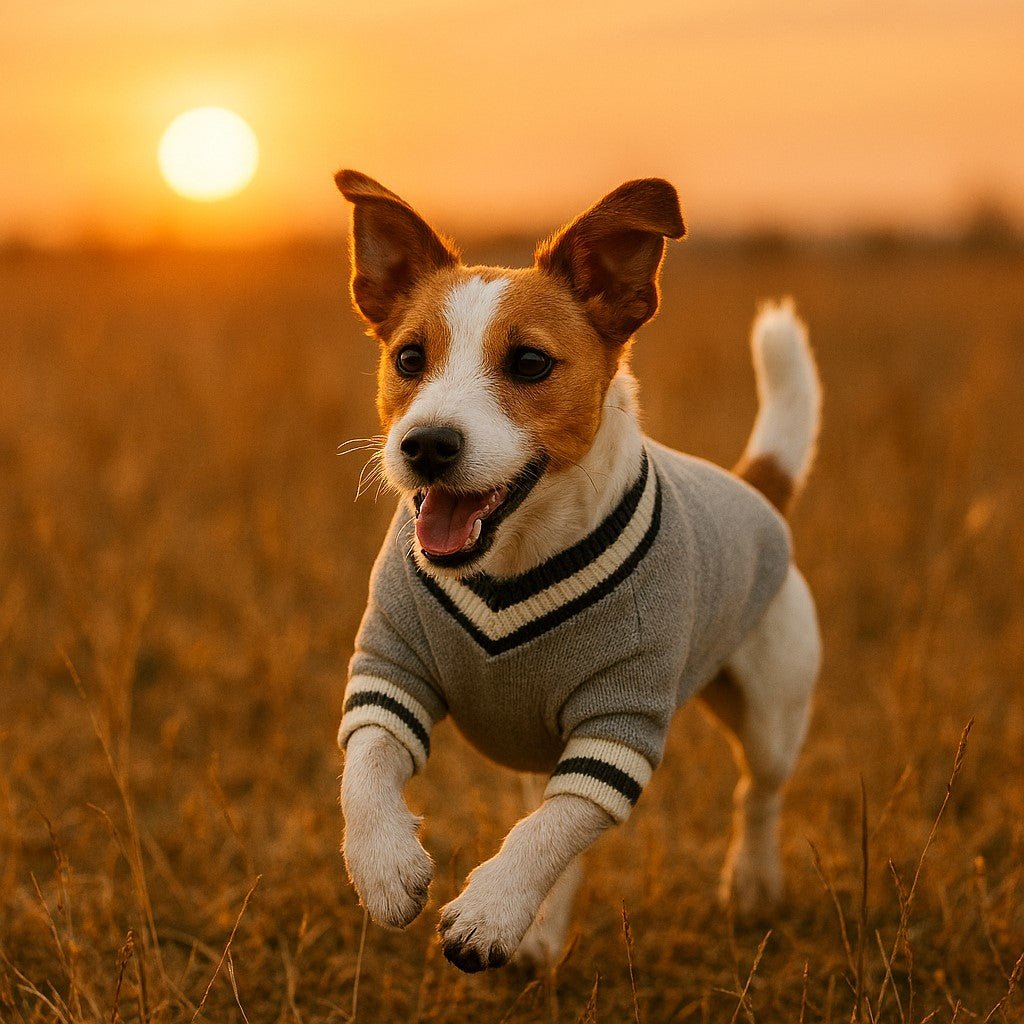 pull pour chien woofacademy gris jack russell cours joyeusement soleil couchant