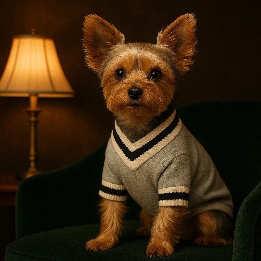 pull pour chien woofacademy gris yorkshire assis fauteuil ambiance vintage