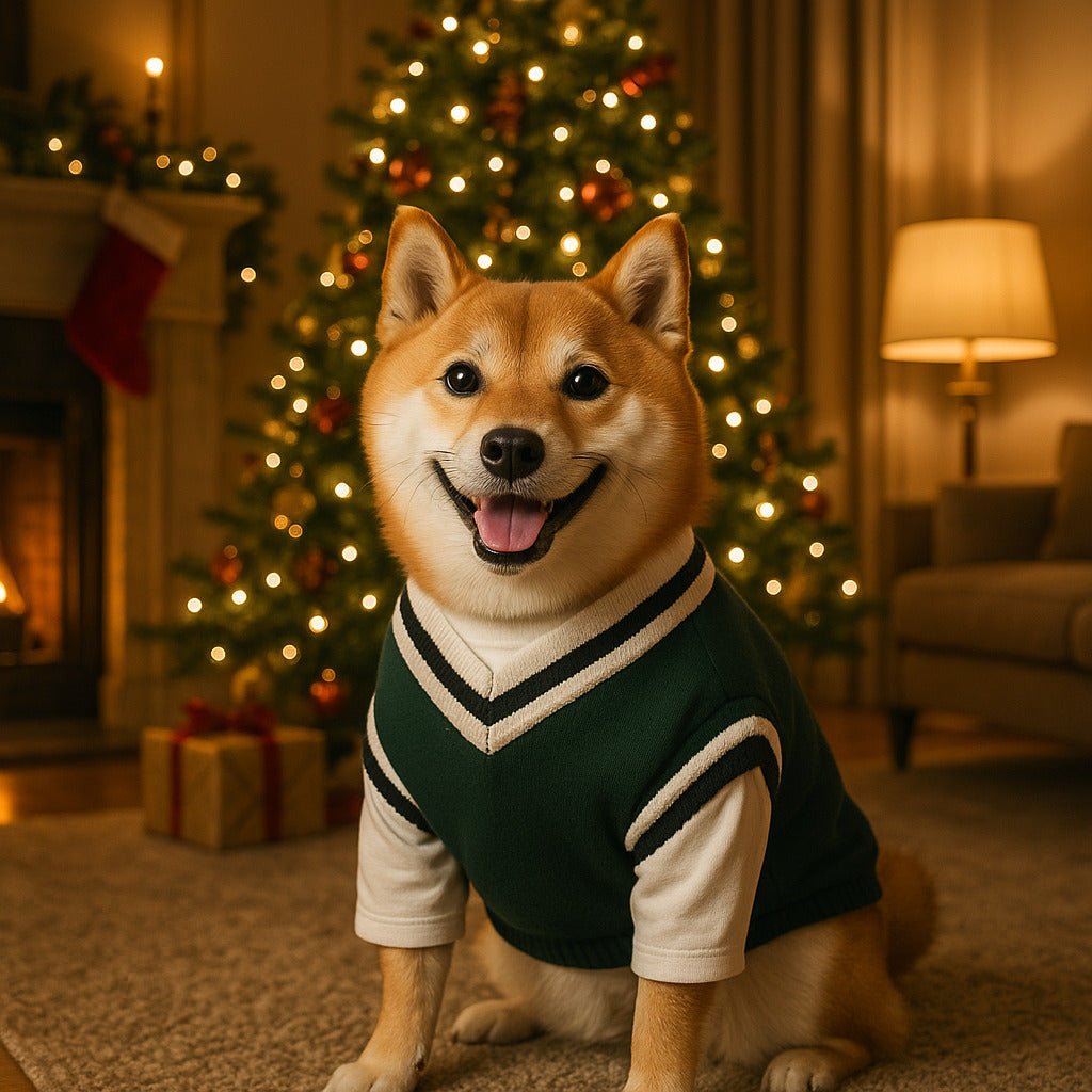 pull pour chien woofacademy vert shiba inu devant sapin noel